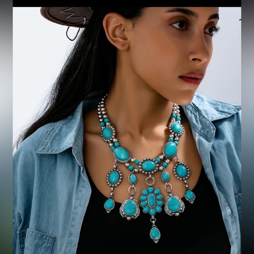 Bohemian Western Vintage Turquoise Geometric Statement Necklace